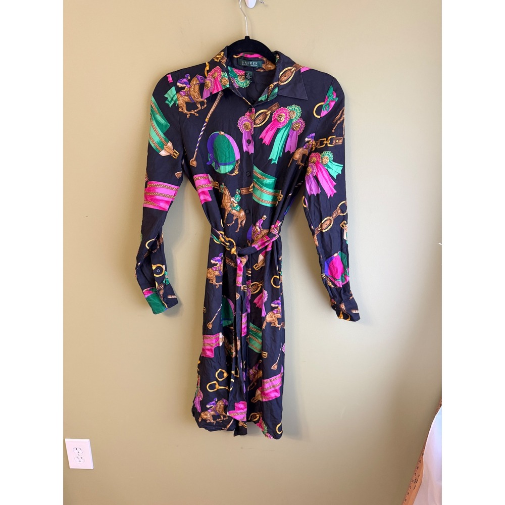 Lauren Ralph Lauren Black Long Sleeve Belted Shirt Dress with Pink & Green Print